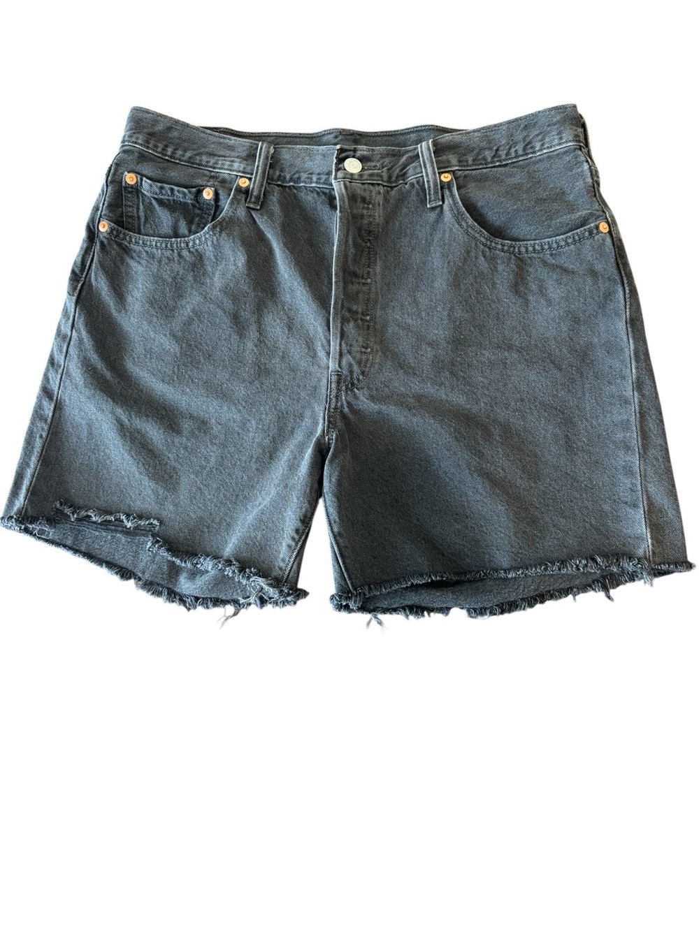 Levi's 501 Black Cutoff Denim Shorts High Rise Frayed Hem Baggy Button Fly W34